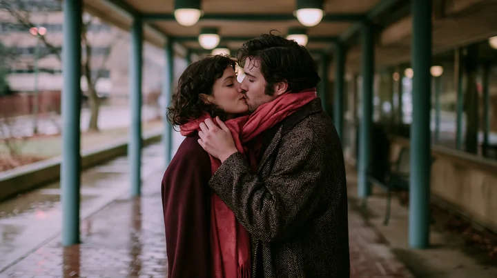 Couple kisses beneath a covered walkway on a rainy day while wearing coats and scarves.