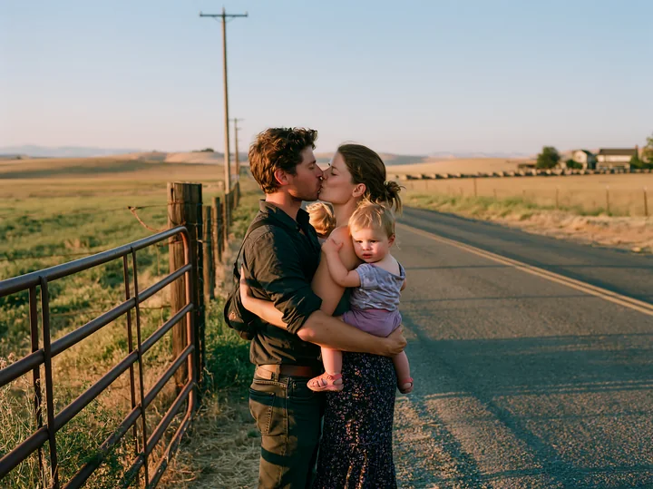 Couple kisses beside a country road while holding a baby, with farmland and a fence behind them.