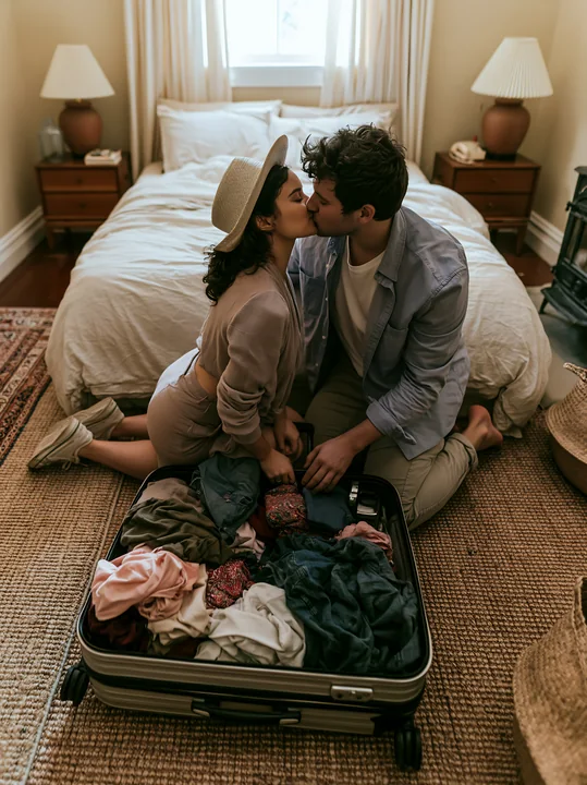 Couple kisses beside an open suitcase filled with clothes in a warmly lit bedroom.