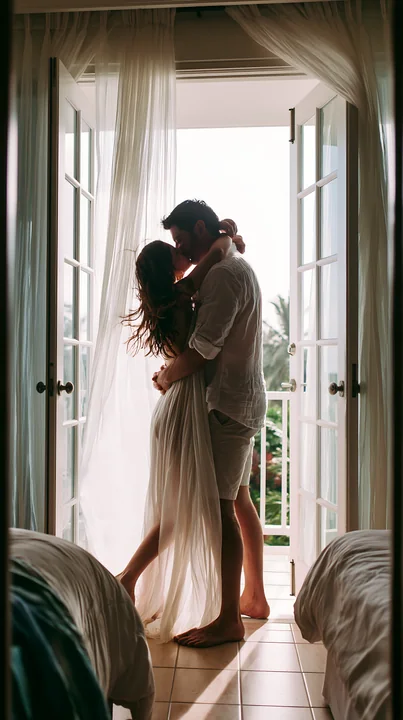 Couple kisses beside open French doors in a bright bedroom with sheer curtains.
