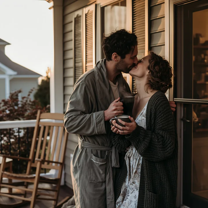 Couple kisses on a porch while each holds a coffee cup outside a home.