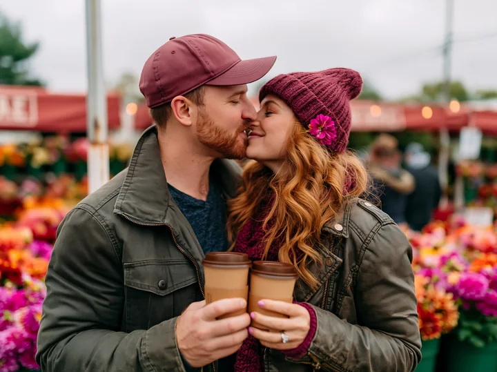 Couple kisses while each holds a coffee cup at a colorful outdoor flower market.