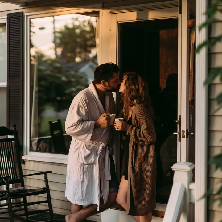 Couple kisses while holding coffee cups beside a sunlit open doorway at home.