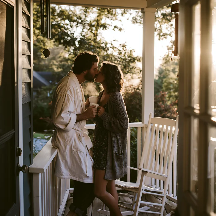 Couple kisses while holding coffee cups on a sunlit porch surrounded by trees.