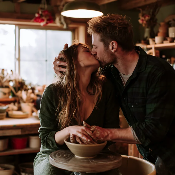 Couple kisses while making pottery together in a warmly lit ceramic studio.