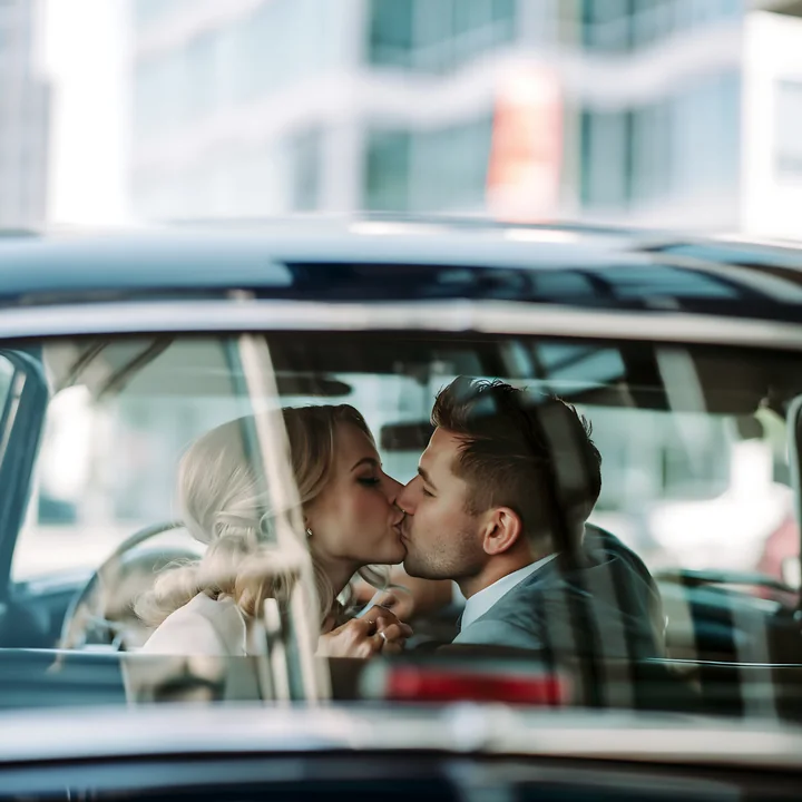 Couple kissing inside a vintage car, seen through the windshield with blurred buildings in the background.