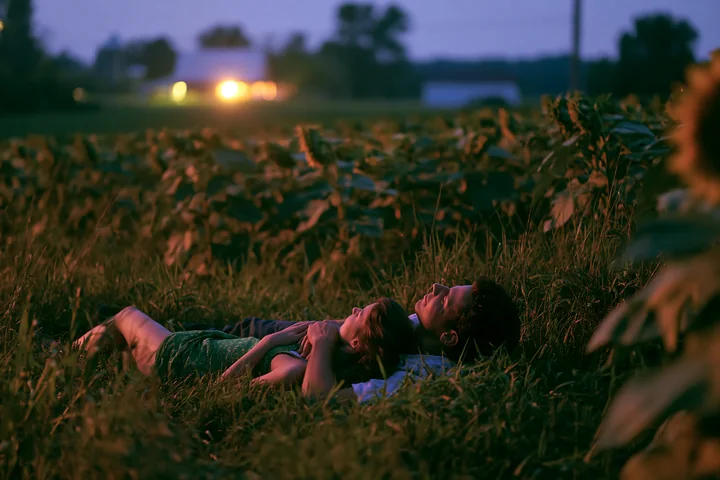 Couple lies together in tall grass at night, with blurred warm lights and trees in the background.