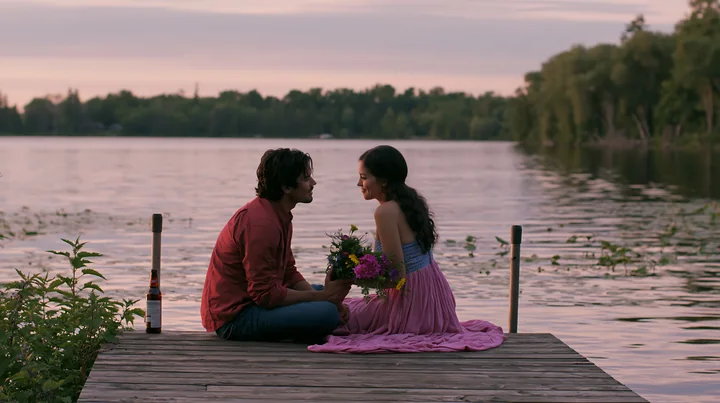 Couple sits together on a lakeside dock at sunset with flowers and a bottle nearby.
