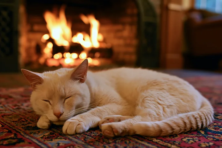 Cream-colored cat sleeping on a patterned rug beside a glowing fireplace at home.