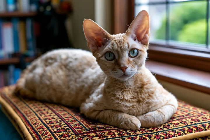 Cream-colored curly-coated cat rests on a patterned textile beside a bright indoor window.