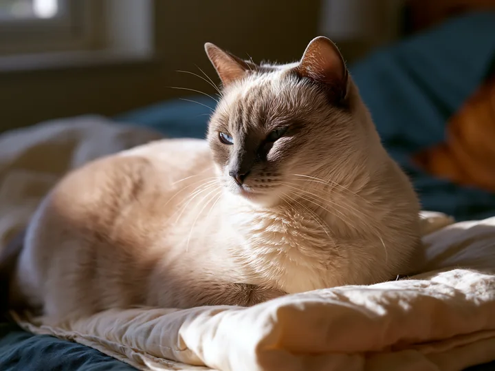 Cream-colored short-haired cat rests on layered bedding in warm sunlight indoors.