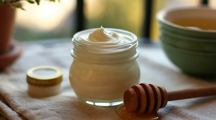 Cream dose beside honey dipper is placed on a kitchen counter with natural light.
