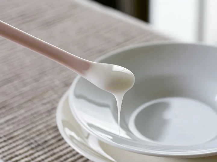 Cream dose on a cosmetic spatula drips slightly over a glossy white bowl, placed on a textured surface.