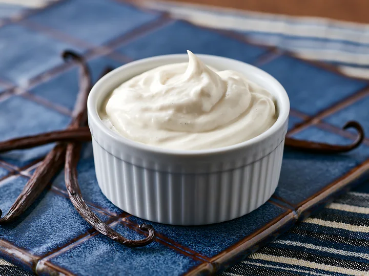 Cream dose with vanilla pods is placed in a white bowl on a blue patterned tablecloth.