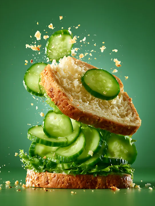 Cucumber slices hover over a sandwich made of whole grain bread and lettuce against a green background.