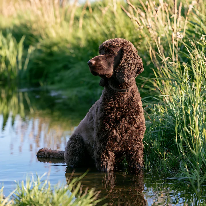 Curly coated brown dog sits beside reflective shallow water amid tall meadow grasses.