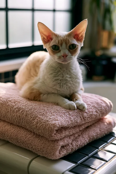 Curly-coated cat resting on folded pink blankets near a bright indoor window.