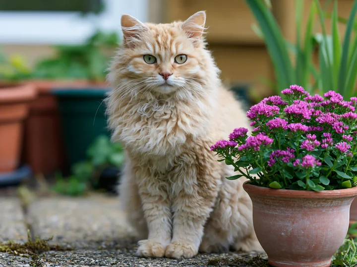 Curly-coated cream LaPerm cat sitting beside a pink-flowering potted plant outdoors.