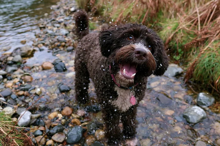 Curly-coated dog shakes water from its fur while standing in a shallow rocky stream.