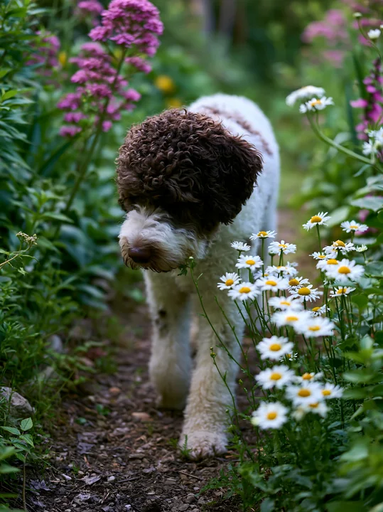 Curly-coated dog with a spotted coat walks along a flower-lined garden path.