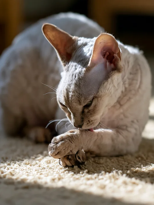 Curly-coated German Rex cat grooming its paw while resting on a softly lit indoor carpet.