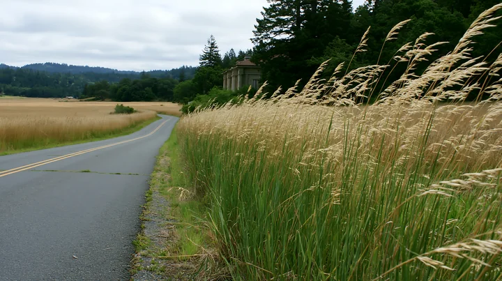 Curving rural road beside a meadow of tall grasses, with forested hills and a columned building under cloudy skies.