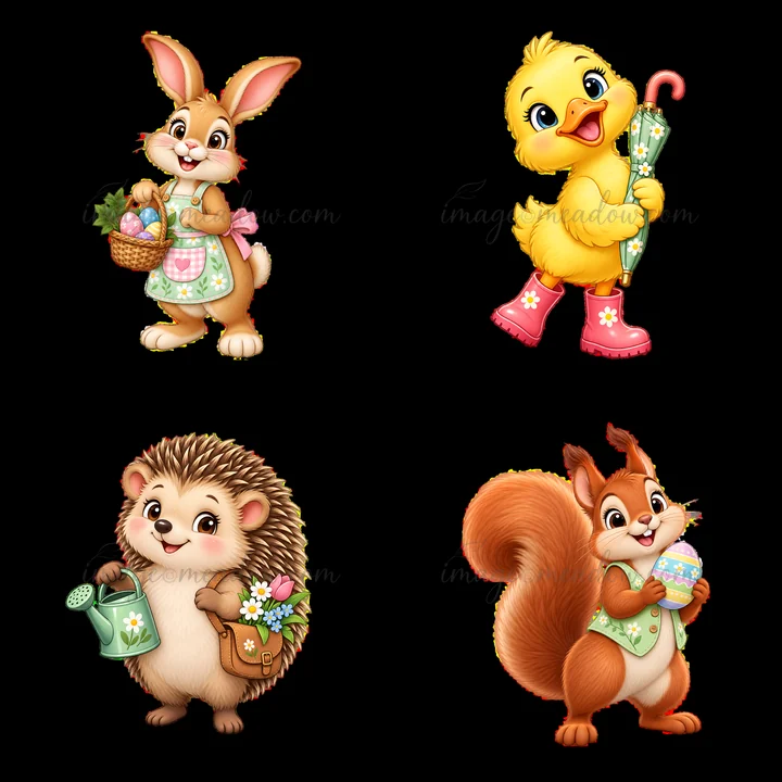 A bunny holds a basket of eggs, a duck with an umbrella smiles, a hedgehog carries a watering can and flowers, while a squirrel holds an Easter egg. Colorful ch