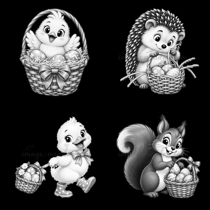 Four cartoon animal characters are shown in a square layout. A chick in a basket, a hedgehog collecting eggs, a duckling carrying a basket, and a squirrel holdi