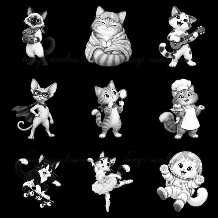 Nine cartoon cats in a grid, each cat has its own distinct pose and accessory. The cats display various activities, from playing music to dancing and cooking. E