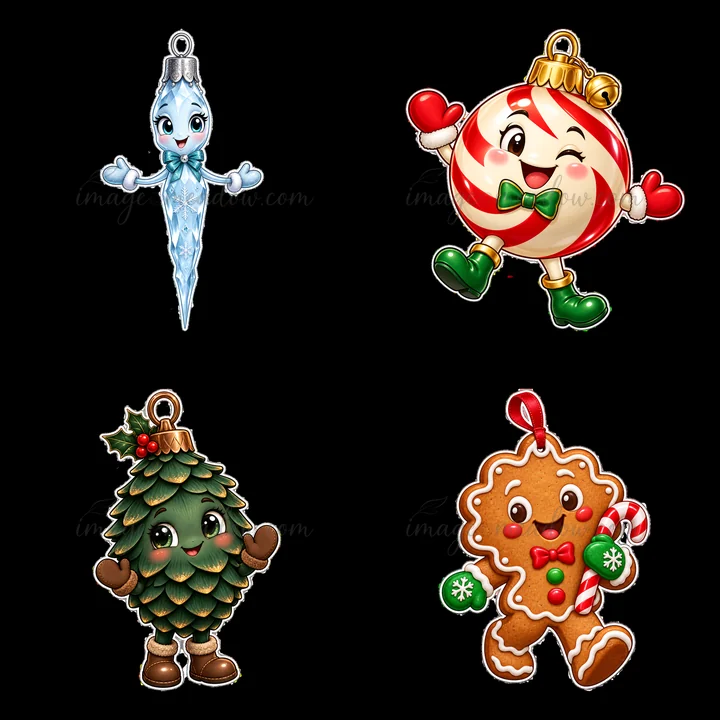 Four cartoon Christmas ornaments arranged in a 2x2 layout. The ornaments include a smiling candy cane, a cheerful gingerbread man, a festive Christmas tree, and