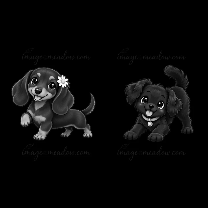 Two cartoon dogs are in playful poses. The first dog, a black dachshund, has a flower accessory while the second dog, a fluffy black puppy, looks happy. Both ar