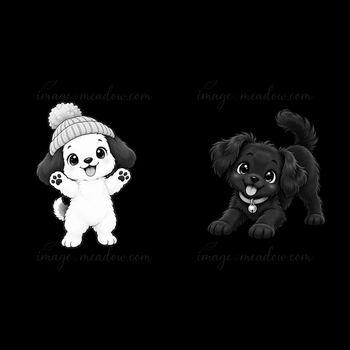 Two cartoon dog stickers feature a white dog wearing a hat and a black dog in a playful pose. Each dog displays joyful expressions, making them ideal for decora