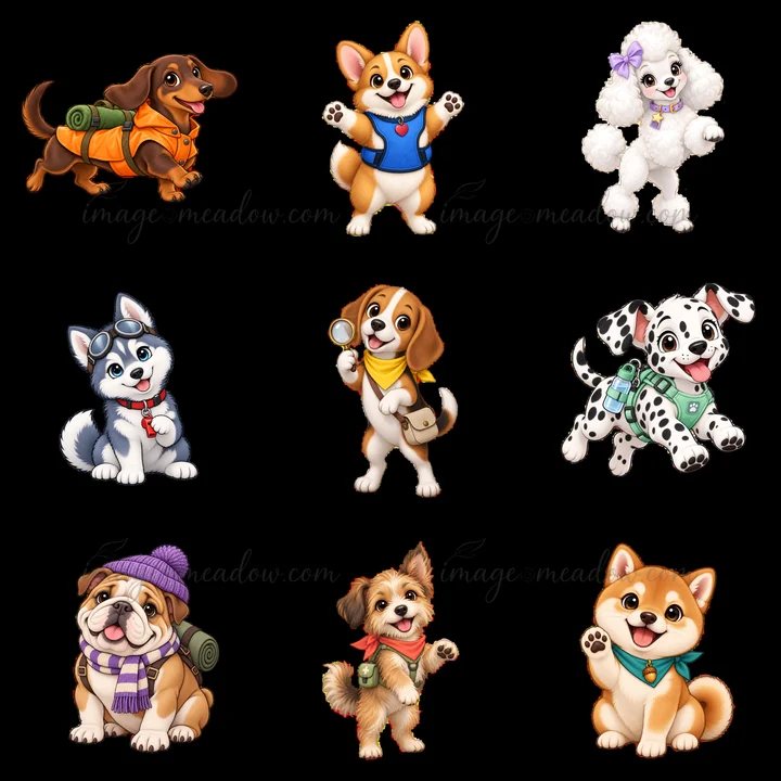 Nine cartoon dogs are seen in a grid layout. Each dog shows a unique personality and wears different accessories. The colors are vibrant, with a mix of brown, w