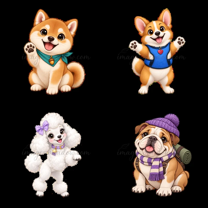 Four cartoon dogs are shown in a 2x2 layout. Each dog has distinct accessories. A Shiba Inu wears a green bandana, a corgi has a heart on its shirt, a poodle sp