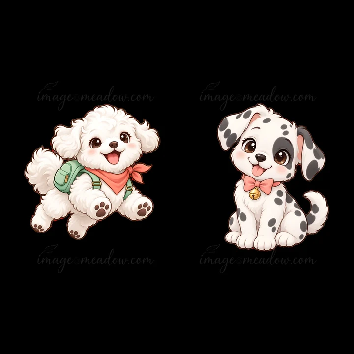 Two cartoon dogs are shown together. One dog is a fluffy white breed with a green backpack and a red scarf, while the other is a black and white spotted dog wea