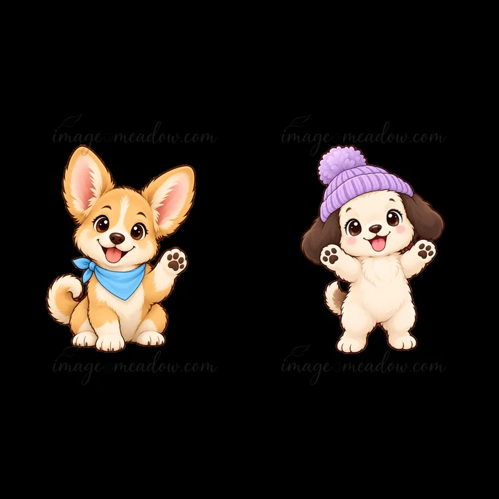 Two cartoon dogs are waving happily. The first dog is a corgi wearing a blue bandana. The second dog is fluffy with a hat and a big smile. Both dogs have cheerf