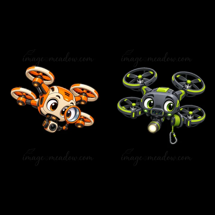 Two cartoon drones with fun designs and distinct features hover in the air. One has a playful orange color with big eyes and an accessory, while the other is a