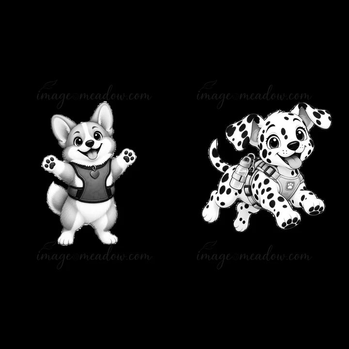 Two cartoon dogs, a happy corgi and a playful dalmatian, are shown. The corgi stands with paws raised, while the dalmatian runs joyfully. Both dogs are in black
