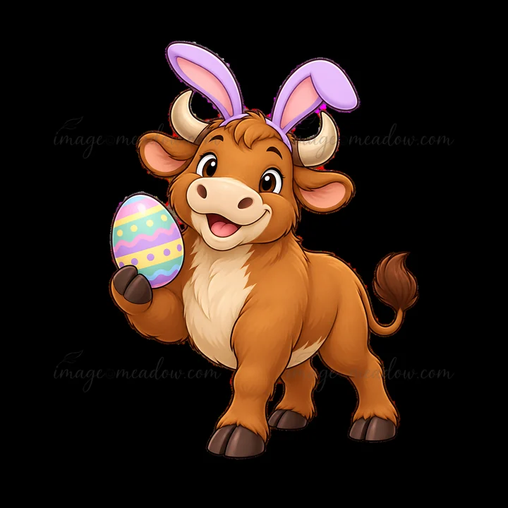 A cheerful ox with brown fur stands up holding a colorful Easter egg. The ox wears purple bunny ears and smiles joyfully. This playful design is suitable for Ea