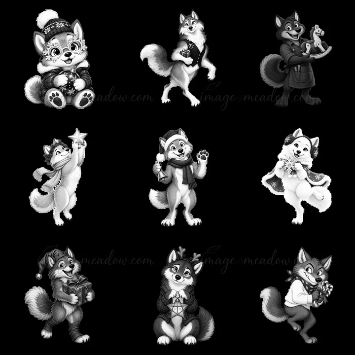 Nine cartoon wolf characters are arranged in a 3x3 grid. Each wolf is in a different festive pose, wearing various Christmas attire and holding holiday accessor