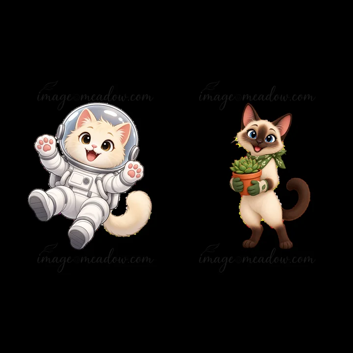 One cat in a space suit floats cheerfully while another cat holds a potted plant. Both characters are designed as cute cartoon stickers. They showcase fun expre