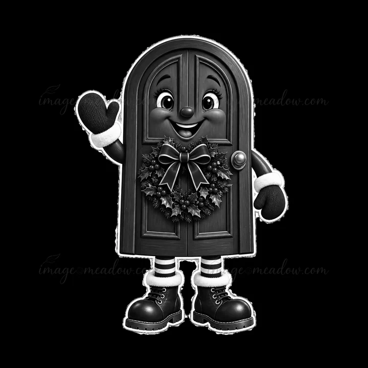 A smiling door character stands with a wreath during Christmas. The door has an inviting expression, wearing gloves and black boots. The character represents fe
