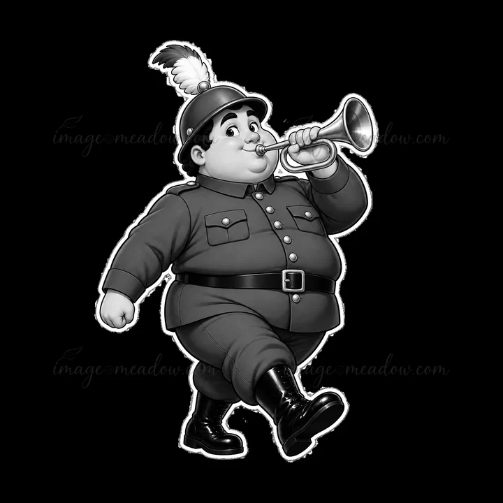 A chubby soldier in a uniform walks forward, blowing a trumpet. He has a feather on his helmet and wears shiny boots. The scene is set in a playful style with s
