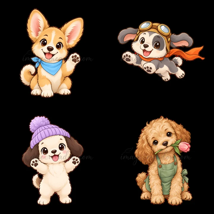 Four cartoon dogs display playful actions in a square layout. A corgi wears a blue scarf, a puppy in goggles and scarf leaps, while another puppy waves with paw