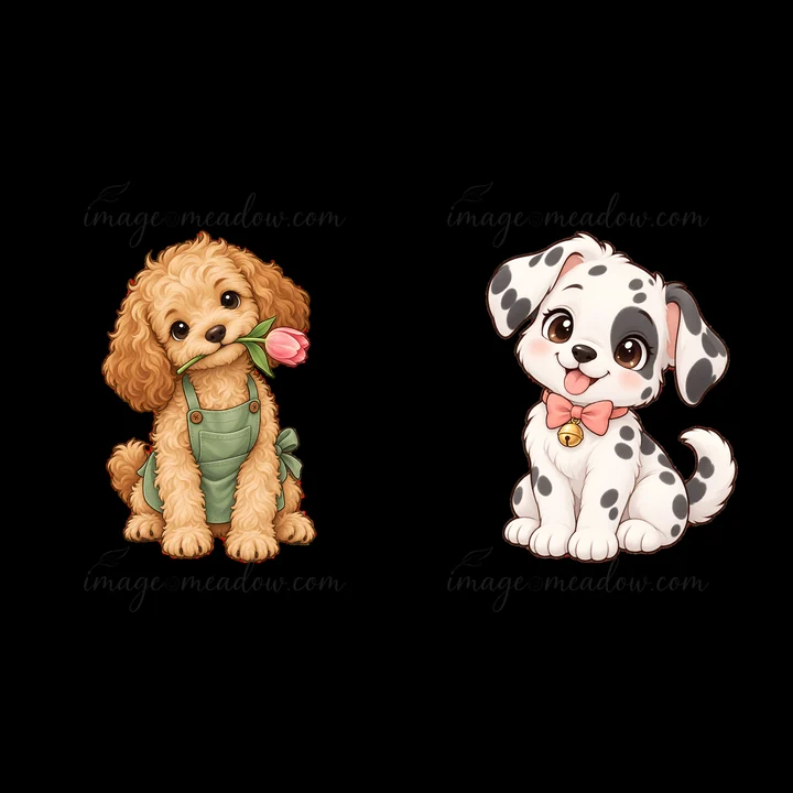 Two adorable dogs are illustrated in a playful style. The left dog holds a pink flower with its mouth, while the right dog wears a pink bow tie. Both dogs are l