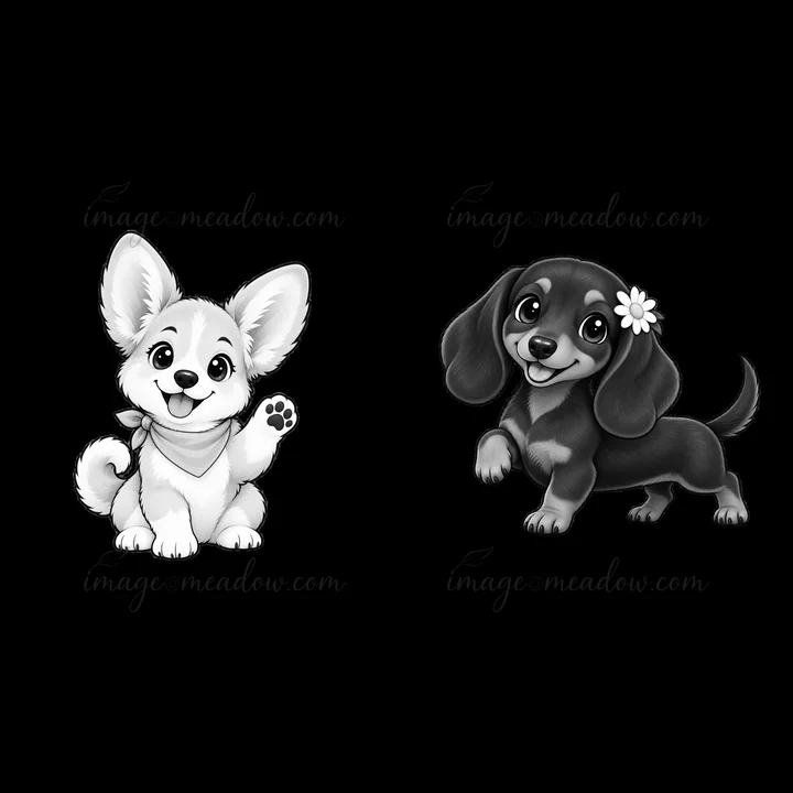 Two cartoon dog stickers are shown. The left features a cheerful corgi with a waving paw. The right shows a dachshund with a flower in its fur. Both are simple