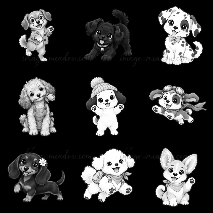 Nine cartoon dog stickers showcase various breeds and playful poses. Each dog displays unique features like hats, scarves, and joy, creating a fun and engaging