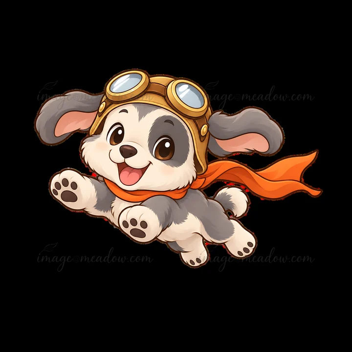 A playful dog is depicted with aviator goggles and an orange scarf, giving the impression of flying through the air. The dog has a happy expression, showcasing
