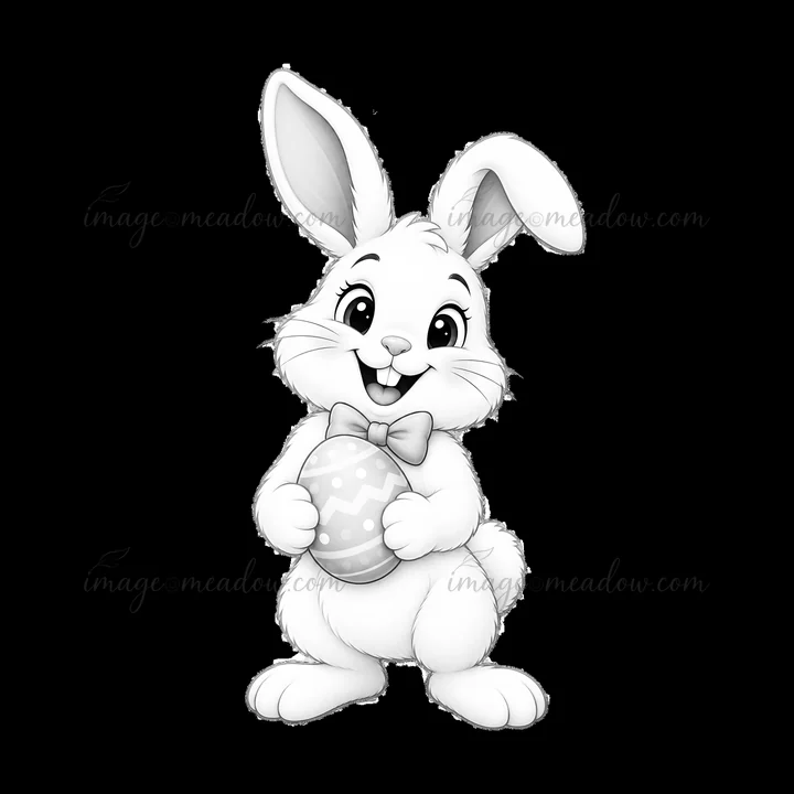 A cartoon Easter Bunny stands upright, smiling while holding a painted egg. Its fluffy tail and large ears are prominent. The bunny wears a bow tie. This design