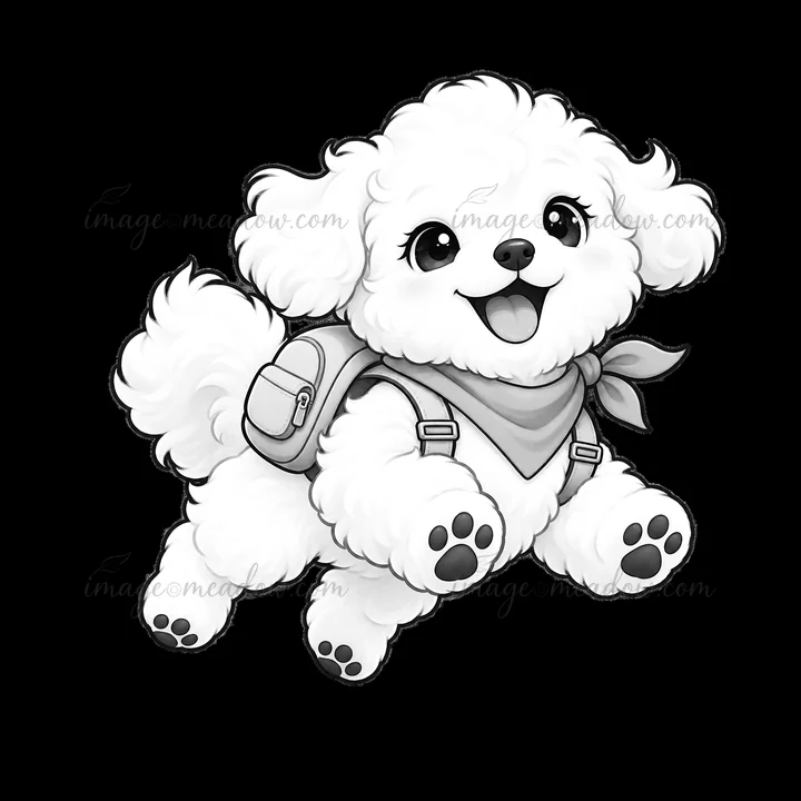 A fluffy white dog is jumping in the air, wearing a small backpack and a scarf. Its cheerful expression and playful pose show excitement and energy. The scene c